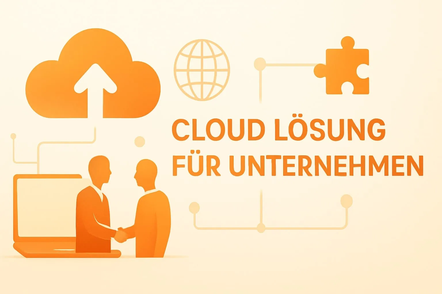 Illustration mit Cloud-Upload-Symbol, Globus, Puzzleteil und Handschlag, Schriftzug „Cloud Lösung für Unternehmen“