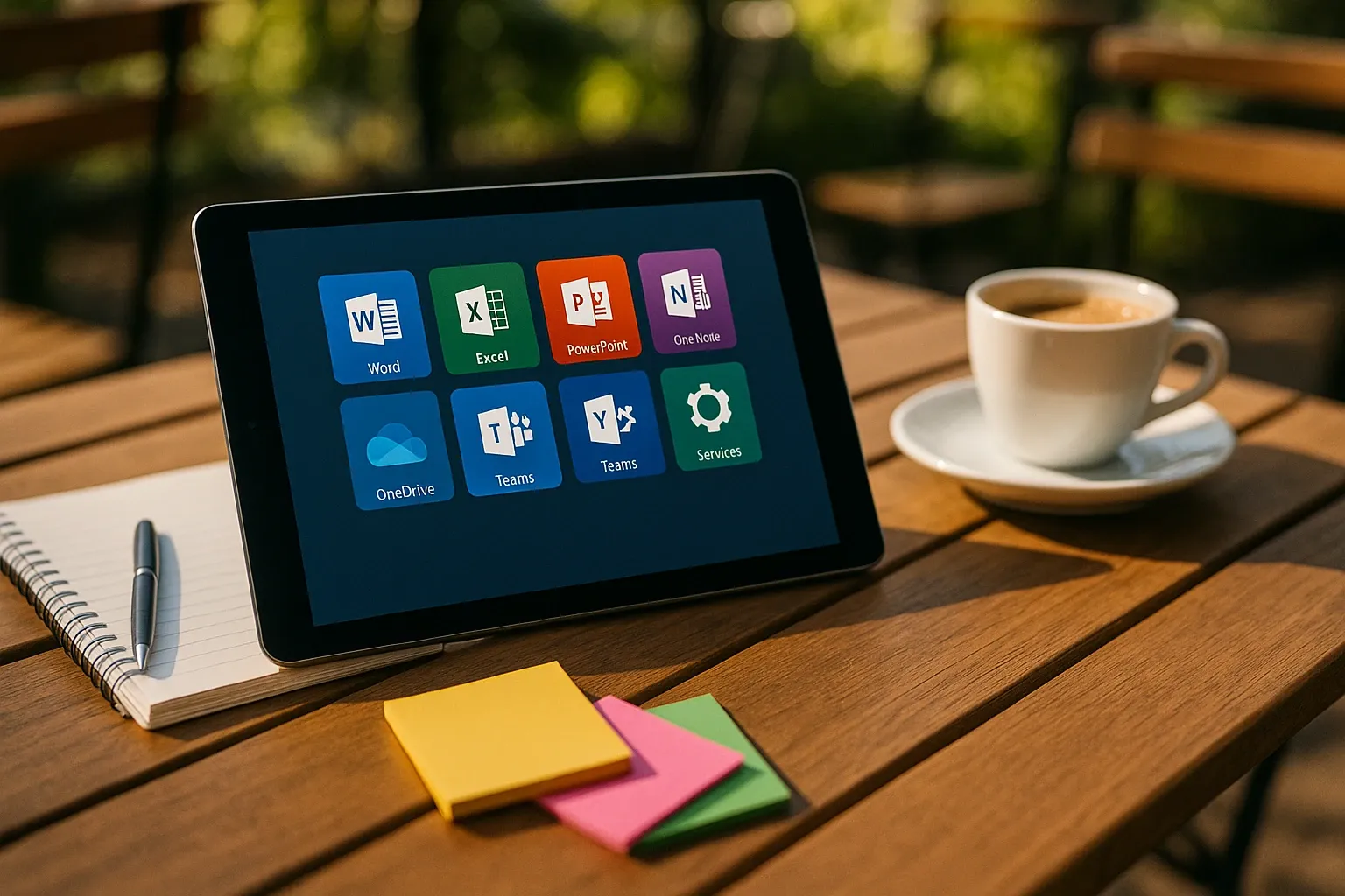 A close-up of a tablet lying on a wooden table with the Office 365 interface displayed, surrounded by a notepad, colorful sticky notes, a cup of coffee, and a pen, set against a sunny outdoor café backdrop.