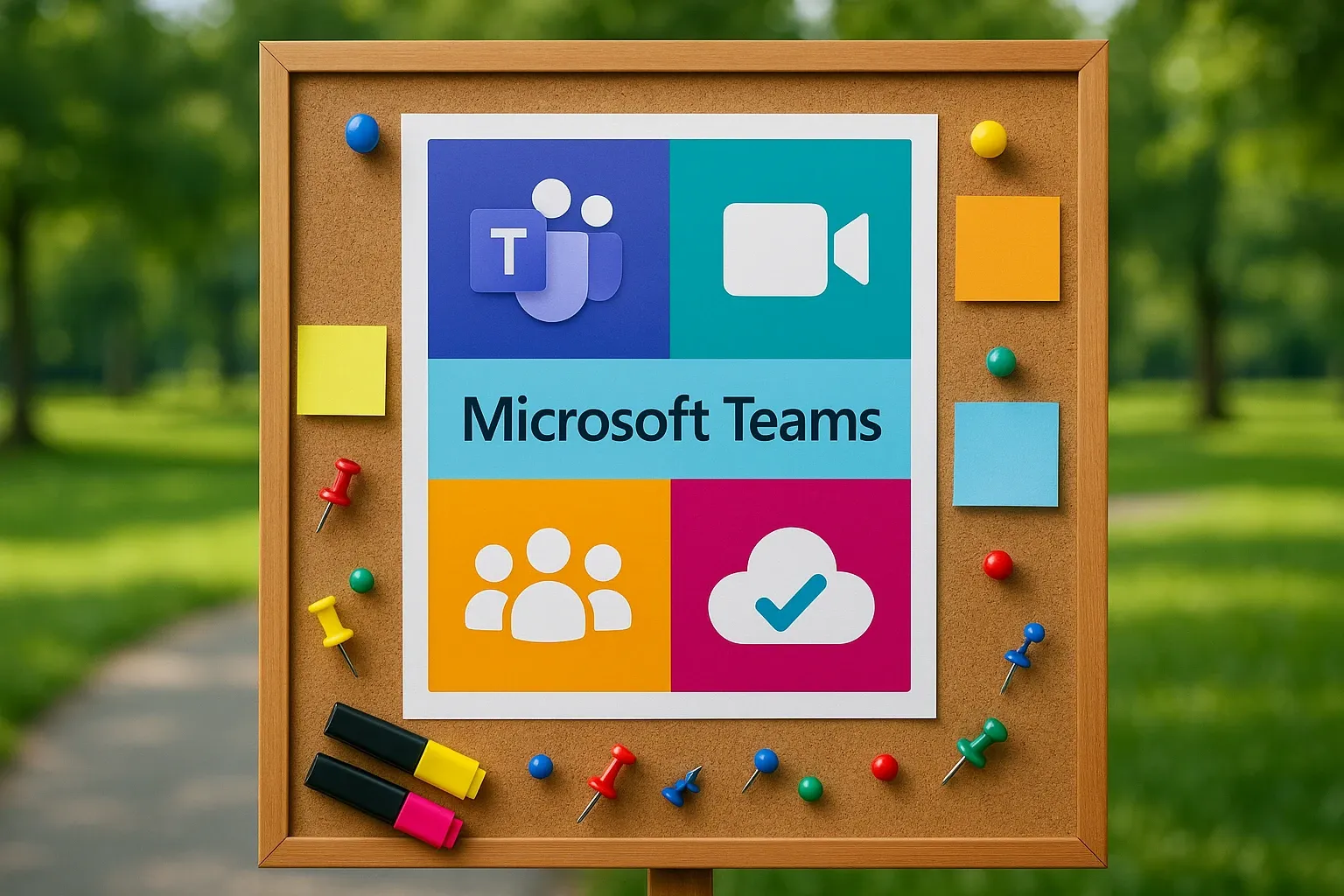 A colorful infographic poster of Microsoft Teams features prominently against a bulletin board. It is surrounded by sticky notes and small office tools like push pins and highlighters, set in an open-air park with greenery in the background.