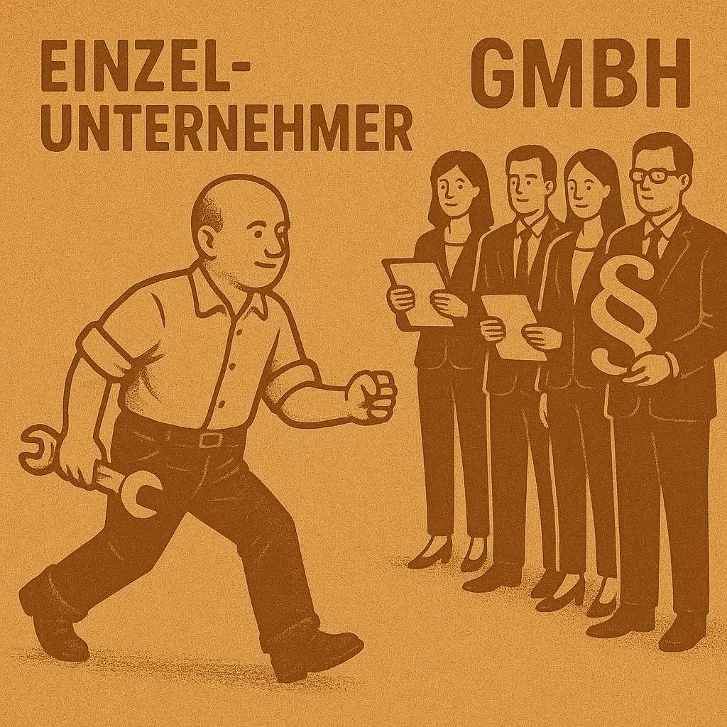 Illustration: Handwerker mit Schraubenschlüssel unter „Einzelunternehmer“ neben einer Gruppe im Anzug unter „GmbH“