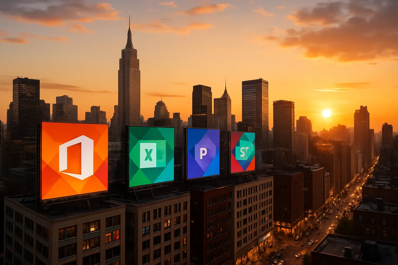 Großstadt-Skyline im Sonnenuntergang mit Office-, Excel- und weiteren App-Symbolen auf Dachschildern