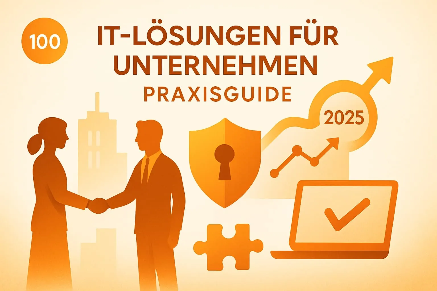 Illustration mit Handschlag, Schutzschild, Laptop und Wachstumspfeil, Schriftzug „IT-Lösungen für Unternehmen – Praxisguide 2025“