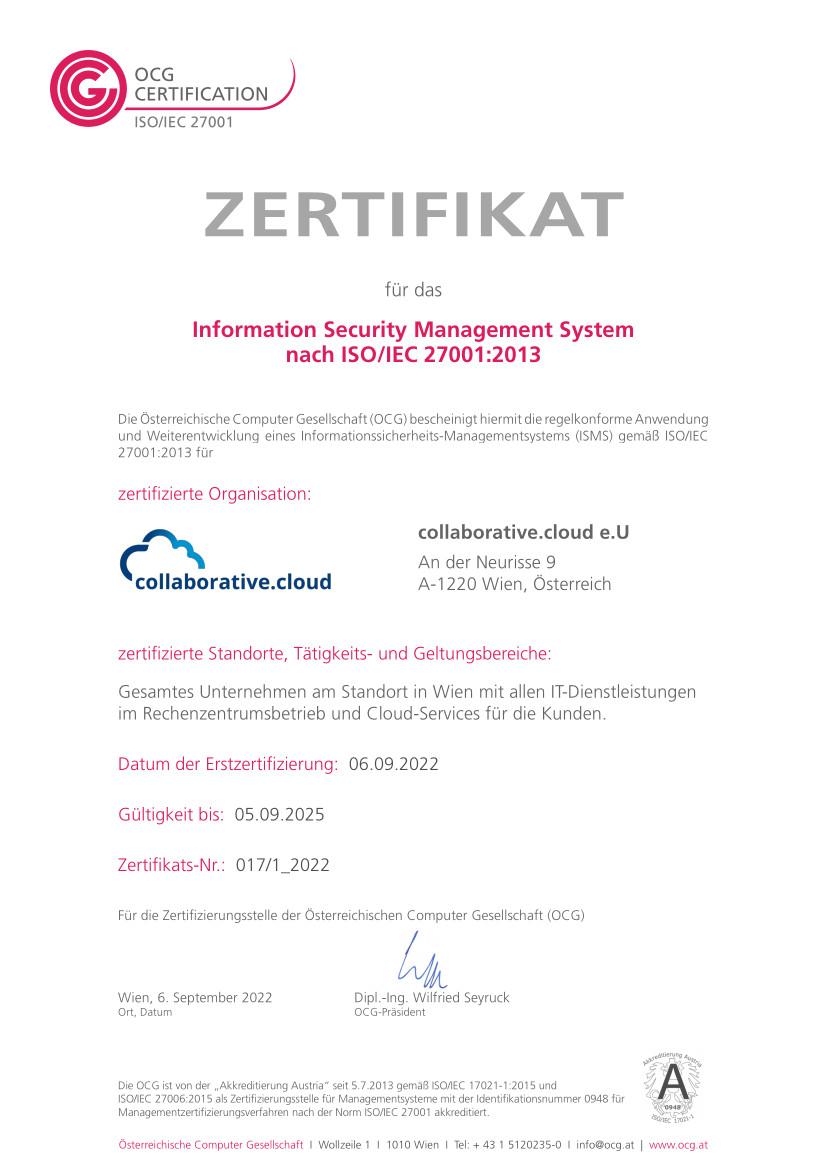 ISO 287001 Zertifikat collaborative.cloud