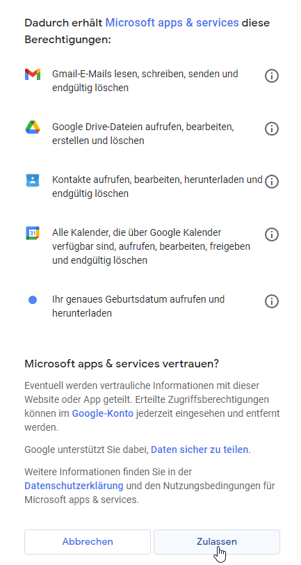 Google Kalender in M365 anzeigen 2 serviceszustimmen
