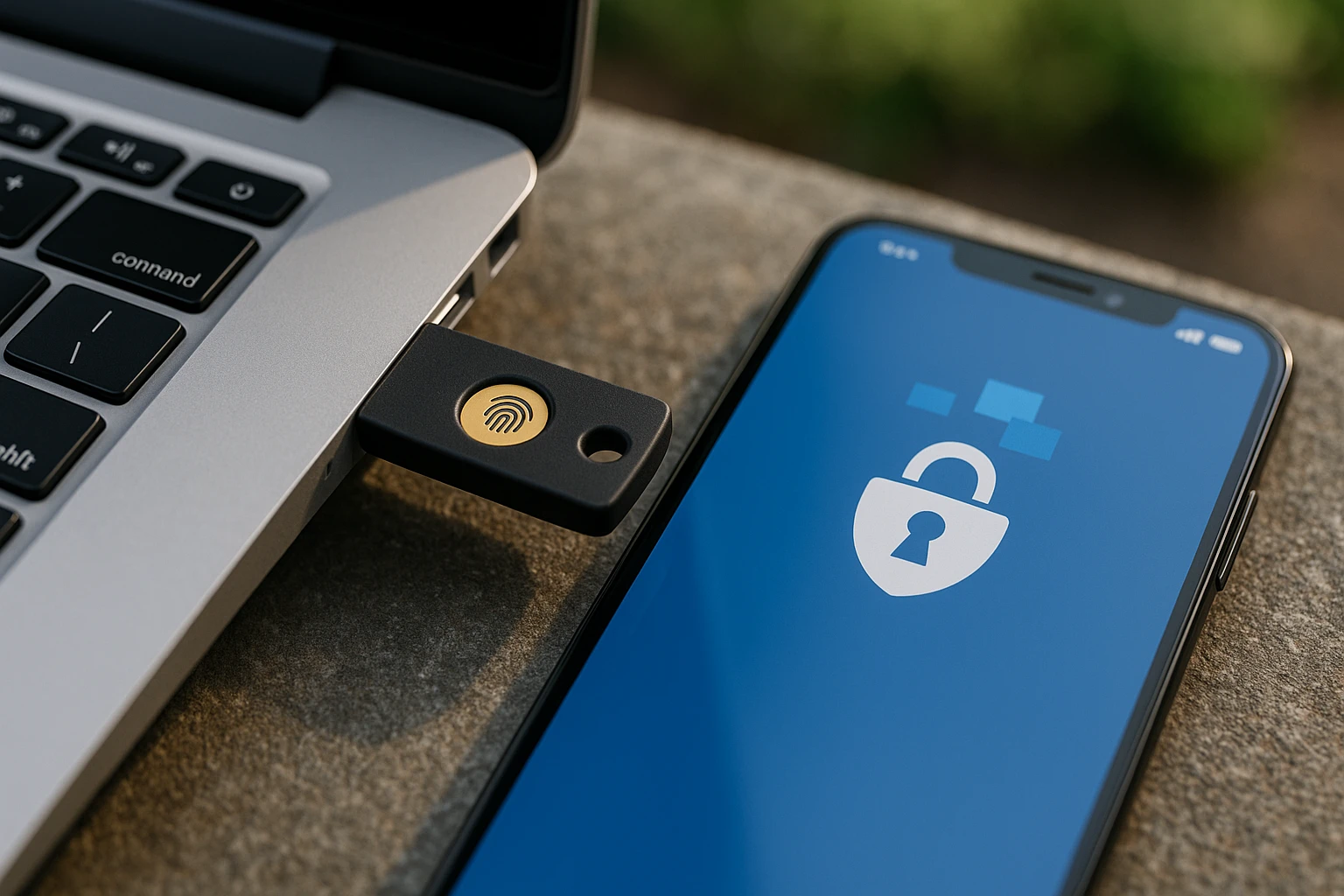 Microsoft 365 schaltet SMS- und Anruf-MFA ab 1 Nahaufnahme eines FIDO2-Sicherheitsschlüssels in einem Laptop-USB-Anschluss, daneben ein Smartphone mit der Microsoft-Authenticator-App, vor einem Hintergrund im Freien.
