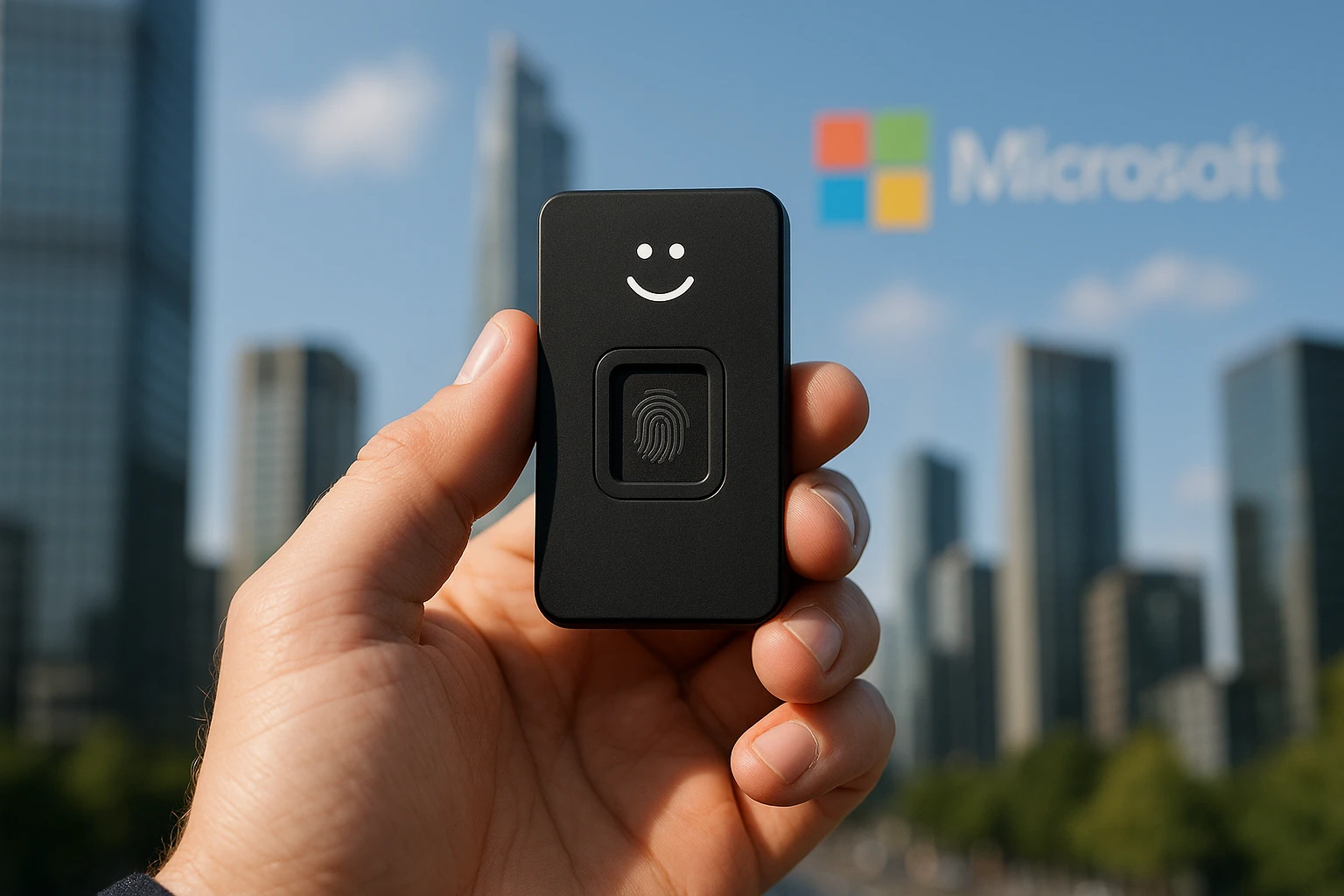 Microsoft 365 schaltet SMS- und Anruf-MFA ab 2 Eine Hand hält ein Windows-Hello-for-Business-Gerät vor der Kulisse einer modernen Stadtsilhouette, im Himmel ist dezent das Microsoft-Logo zu erkennen.