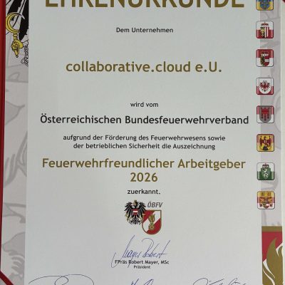 collaborative.cloud - feuerwehrfreundlicher Arbeitgeber 2026 3 urkunde